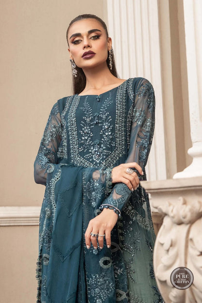 Teal Blue Chiffon Suit with Pearl Work