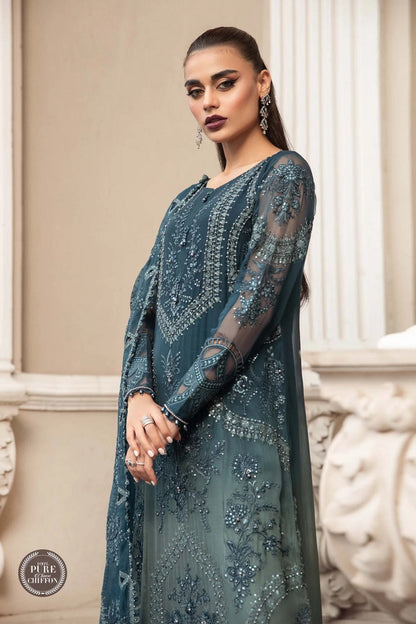 Teal Blue Chiffon Suit with Pearl Work