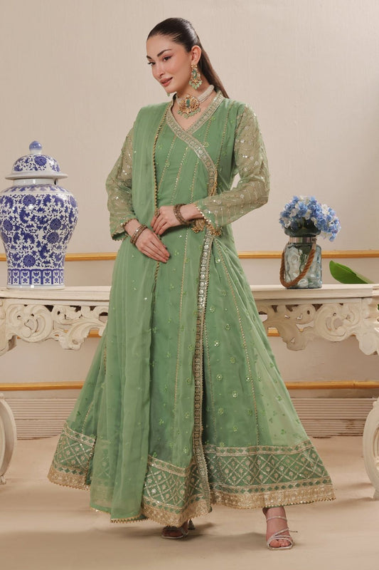 Pastel Green Embellished Chiffon Angrakha Suit Online in Dubai UAE Abudhabi Ajman Sharjah