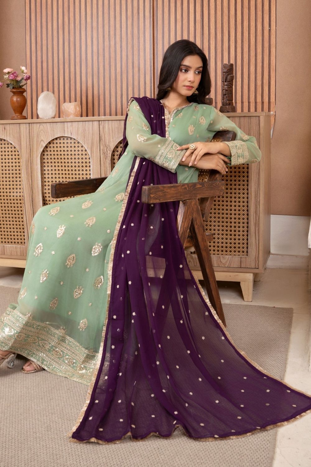 Pastel Green Embroidered Chiffon Festive Pishwas Online in Dubai UAE Abudhabi Ajman Sharjah