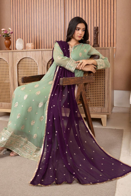 Pastel Green Embroidered Chiffon Festive Pishwas Online in Dubai UAE Abudhabi Ajman Sharjah