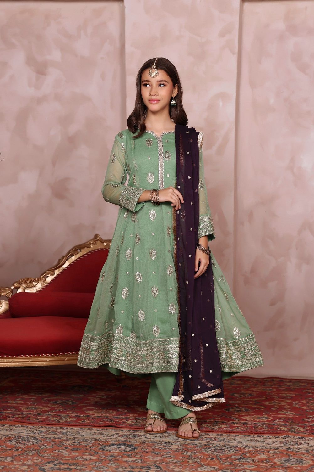 Pastel Green Embroidered Chiffon Flared Pishwas Online in Dubai UAE Abudhabi Ajman Sharjah