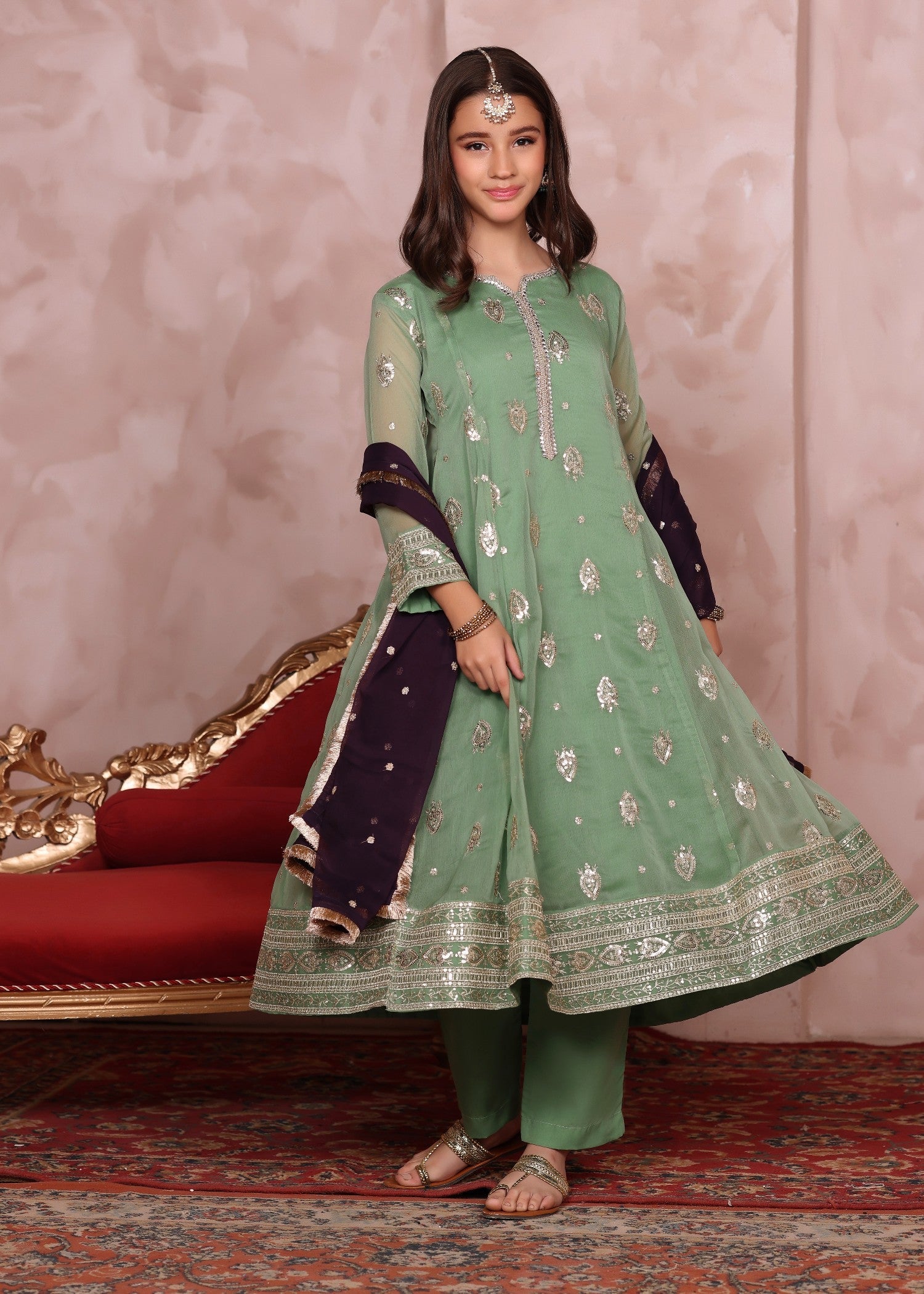Pastel Green Embroidered Chiffon Kids Partywear Online in Dubai UAE Abudhabi Ajman Sharjah