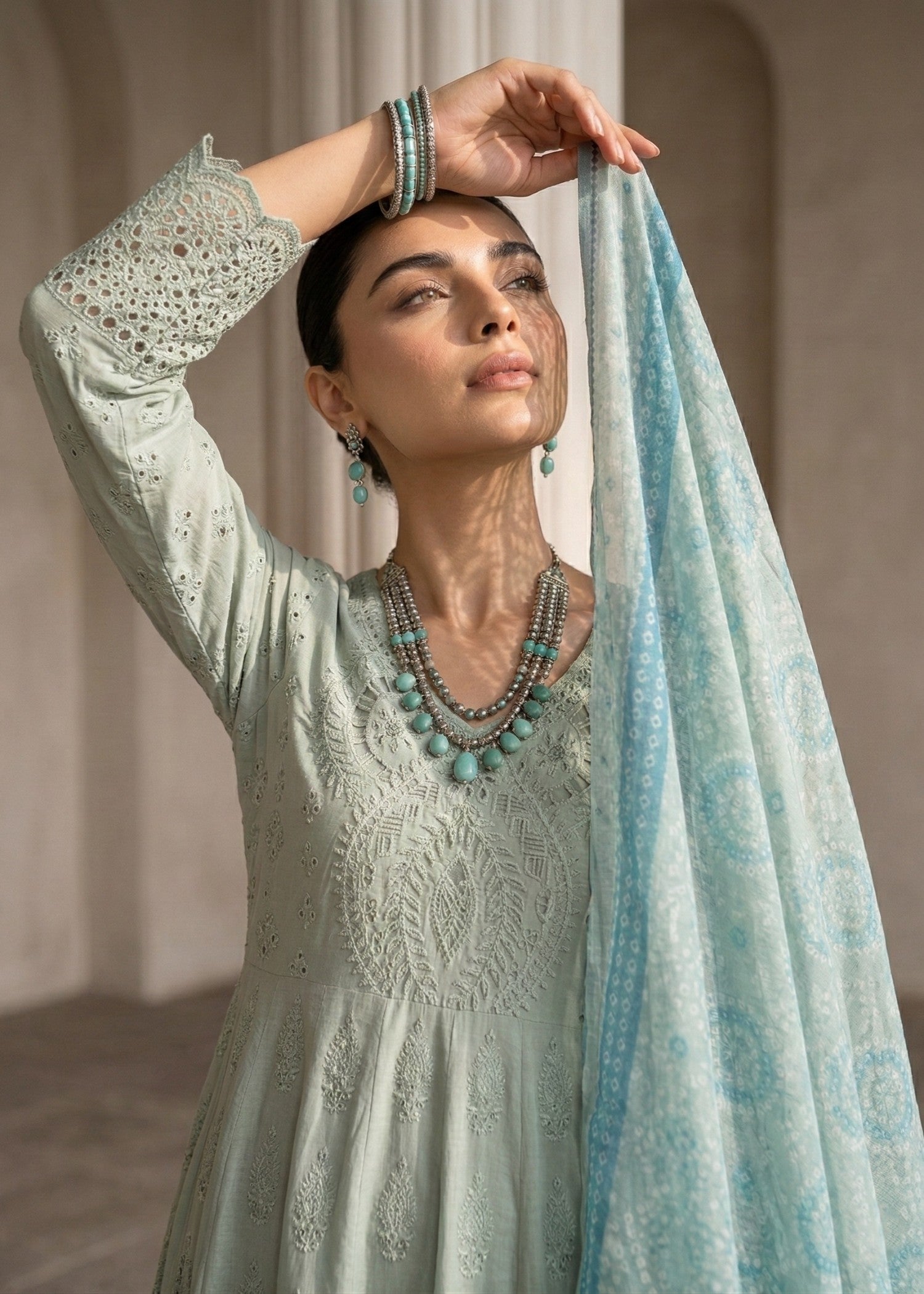Pastel Green Embroidered Cotton 3 Piece Dress Material Online in Sri Lanka India Australia
