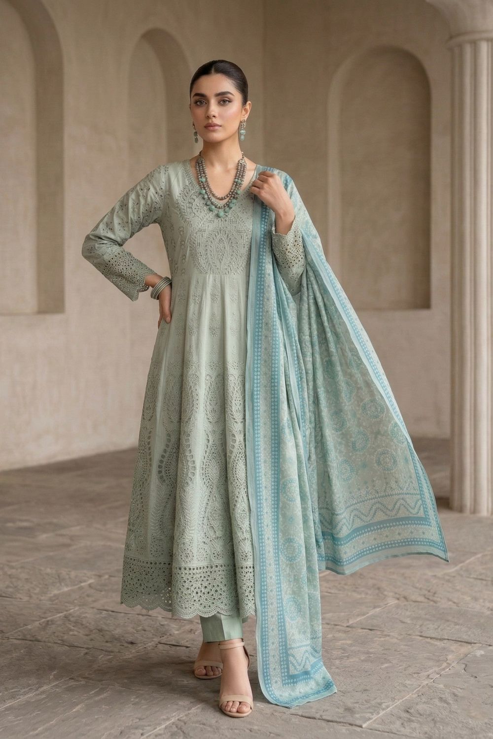 Pastel Green Embroidered Cotton Flared Pishwas Suit Online in Dubai UAE Abudhabi Ajman Sharjah