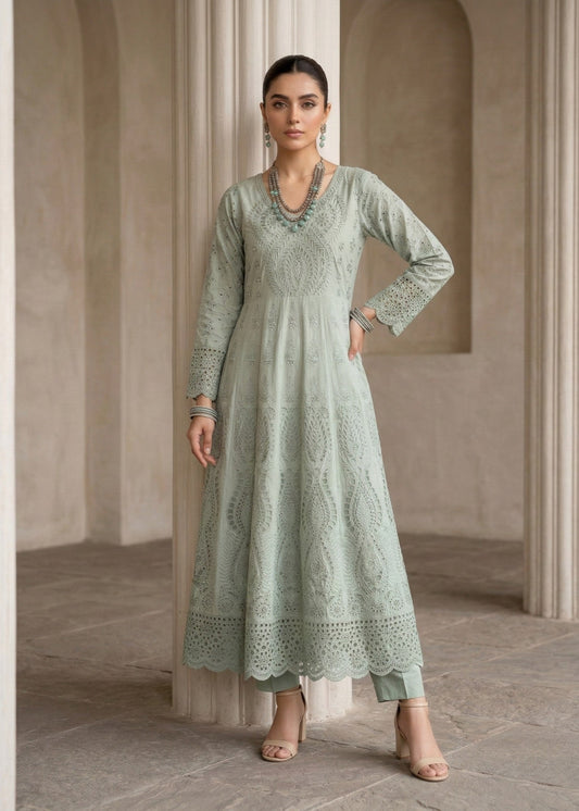 Pastel Green Embroidered Cotton Pishwas with Chiffon Dupatta Online in Dubai DXB UAE Abudhabi Meena Bazaar