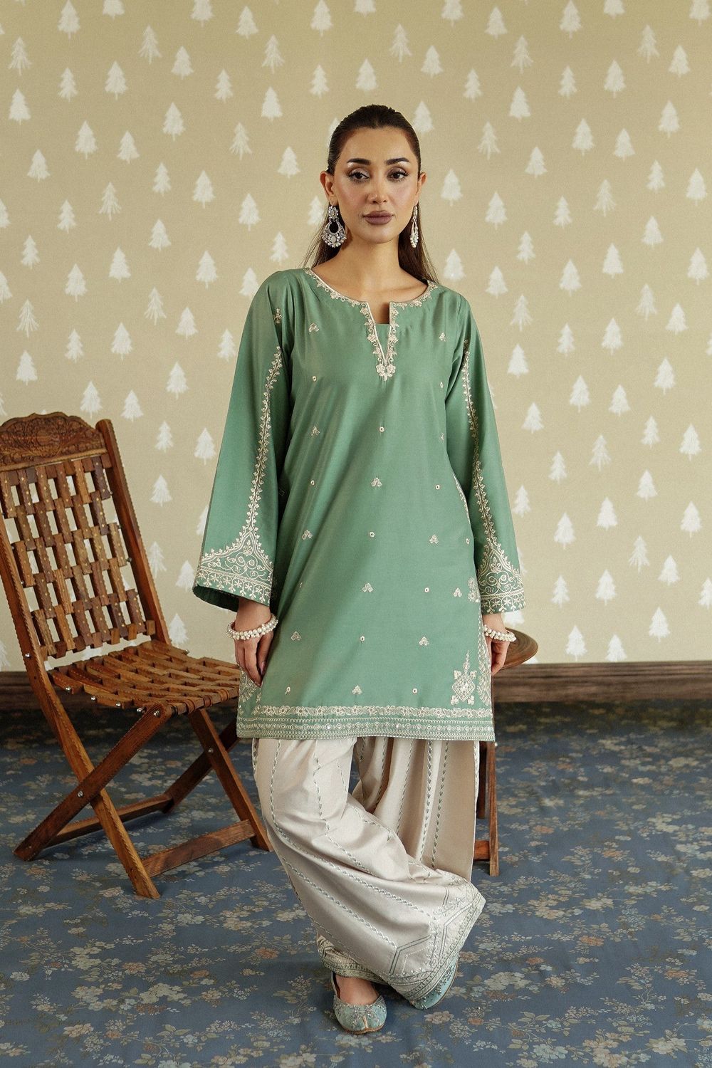 Pastel Green Embroidered Lawn Farshi Shalwar Kurta Set Online in Dubai UAE Abudhabi Ajman Sharjah