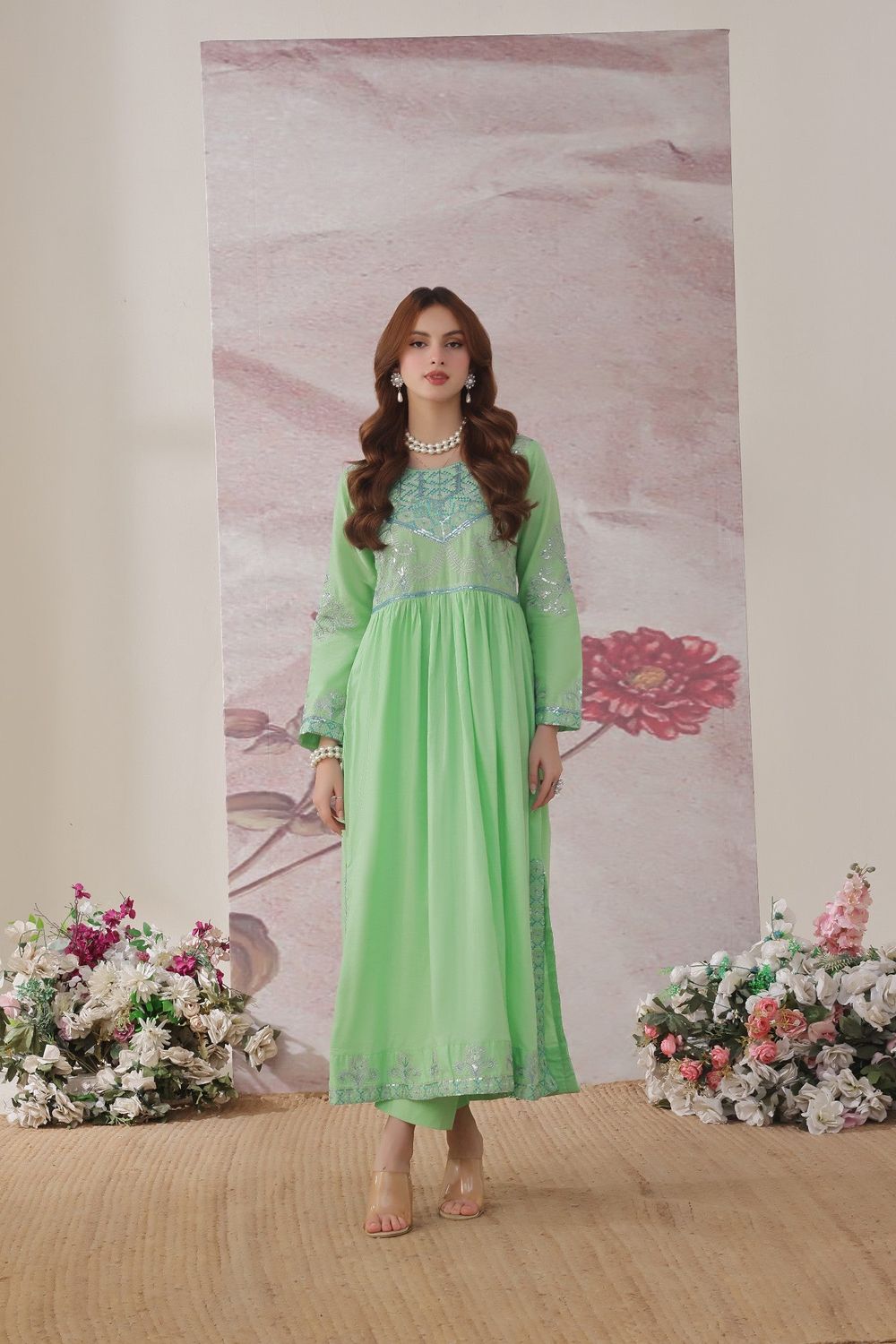 Pastel Green Embroidered Lawn Kaftan Kurta Online in Dubai UAE Abudhabi Ajman Sharjah