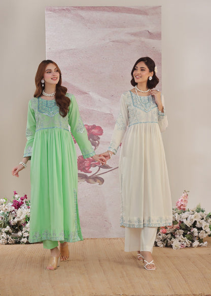 Pastel Green Embroidered Lawn Kaftan Kurta Set Online in Sri Lanka India Australia