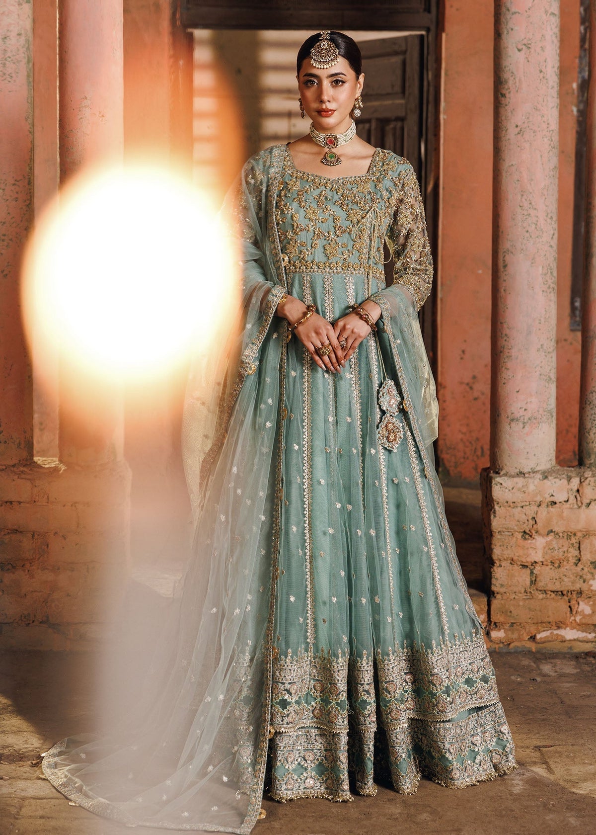 Pastel Green Embroidered Net Maxi Online in Dubai DXB UAE Abudhabi Meena Bazaar