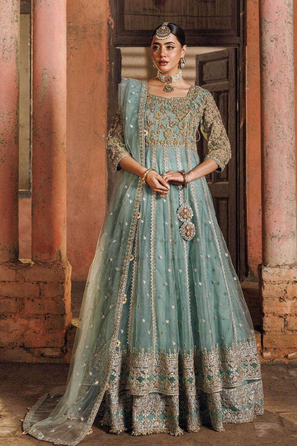 Pastel Green Embroidered Net Maxi Online in Dubai UAE Abudhabi Ajman Sharjah