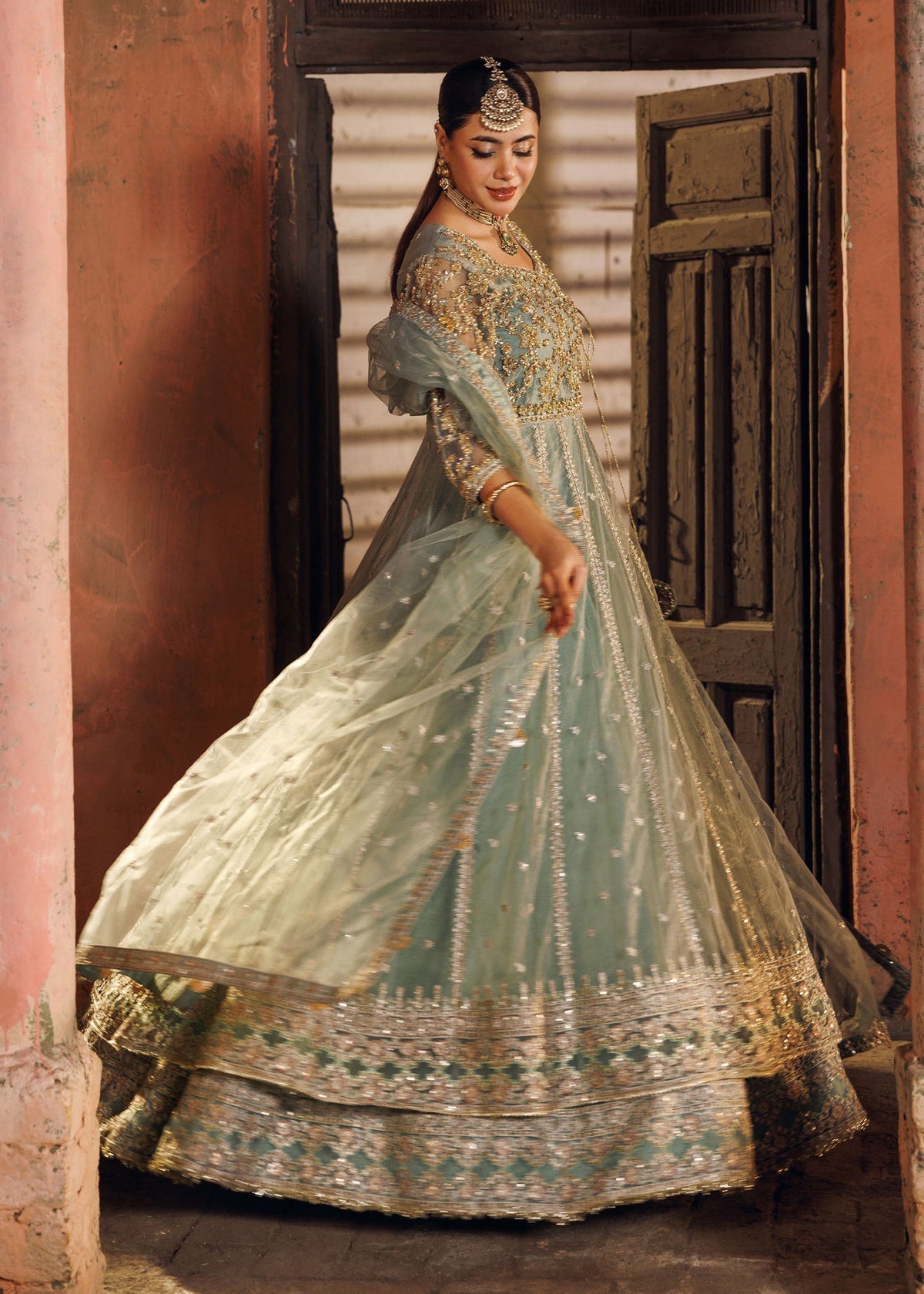 Pastel Green Embroidered Net Maxi Online in Dubai UAE Abudhabi Ajman Sharjah