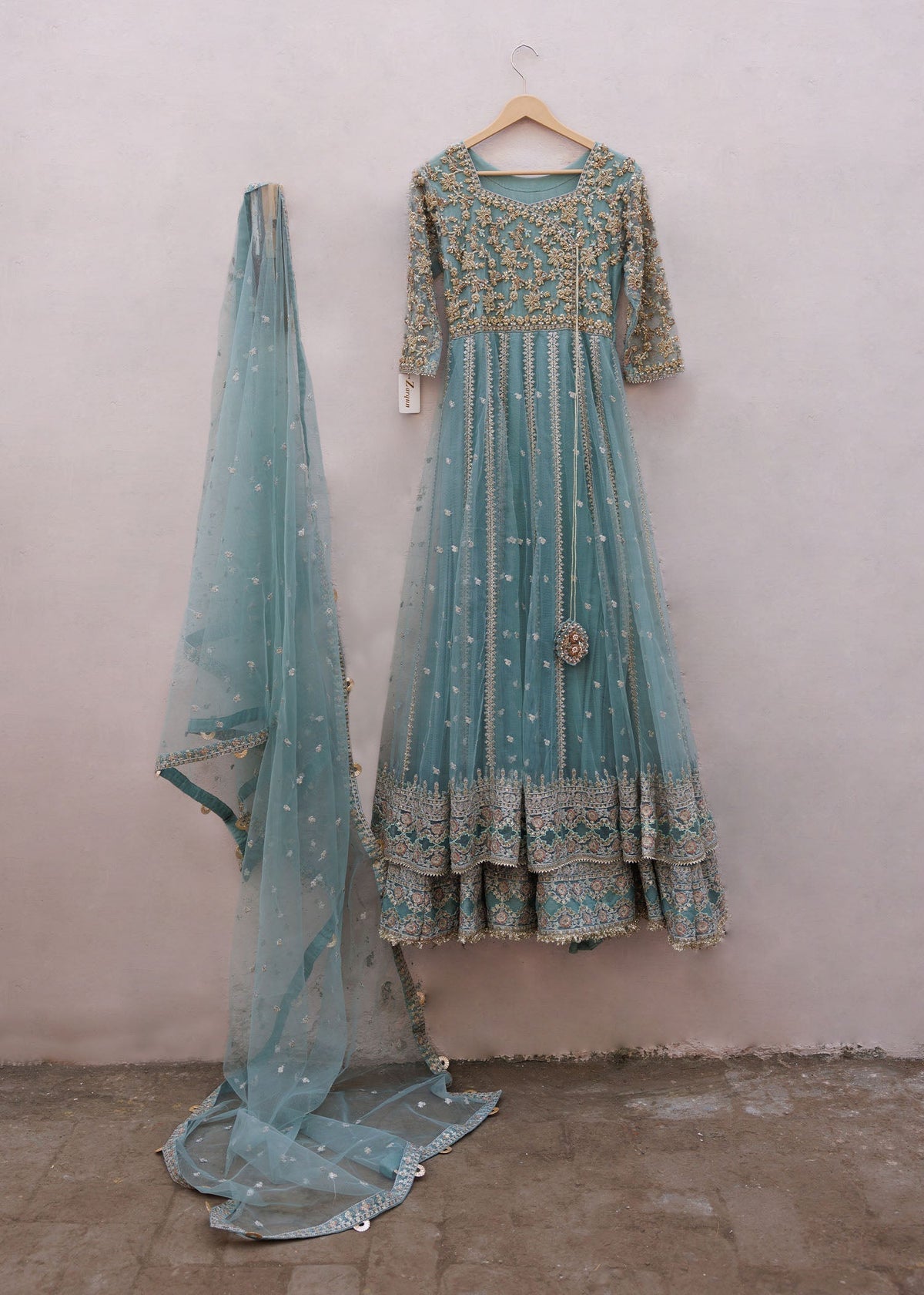 Pastel Green Embroidered Net Maxi Online in Dubai UAE Abudhabi Ajman Sharjah