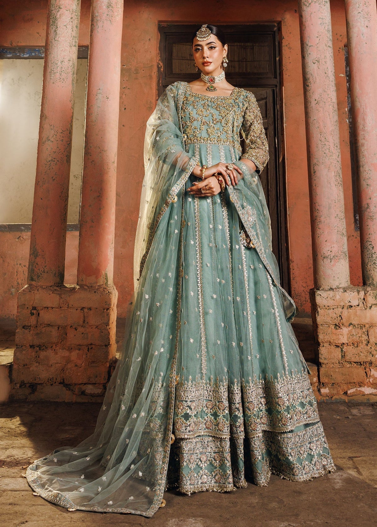 Pastel Green Embroidered Net Maxi Online in Dubai UAE Abudhabi Ajman Sharjah