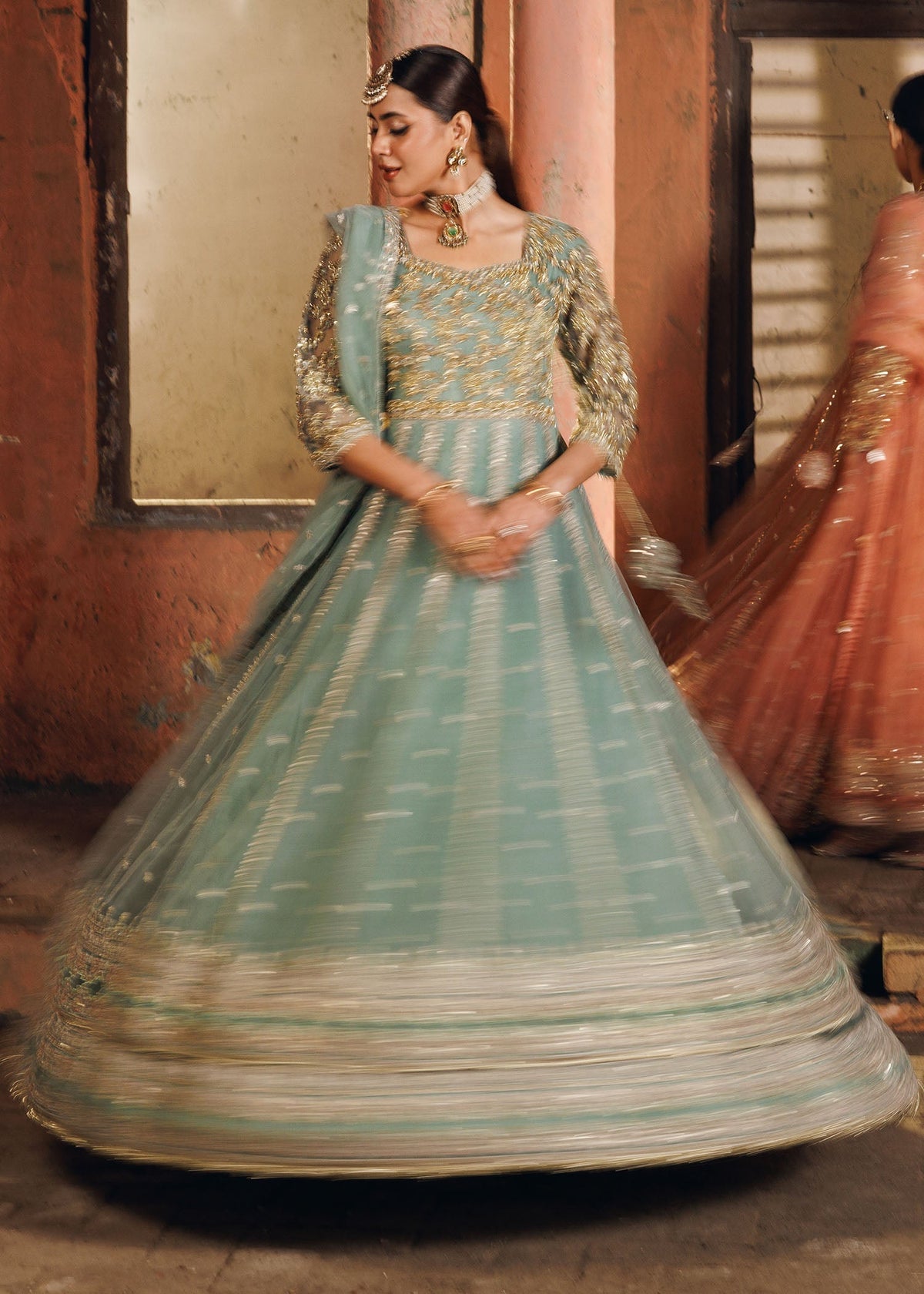Pastel Green Embroidered Net Maxi Online in Sri Lanka India Australia