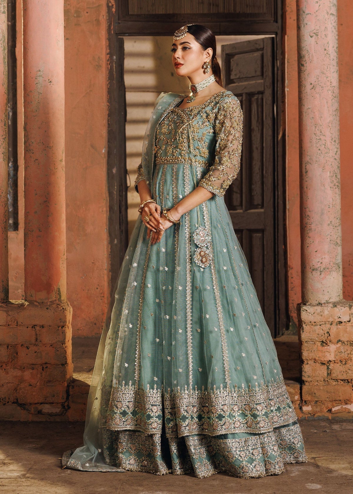 Pastel Green Embroidered Net Maxi Online in Sri Lanka India Australia