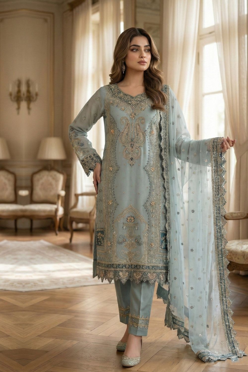 Pastel Green Embroidered Organza Partywear Suit Online in Dubai UAE Abudhabi Ajman Sharjah