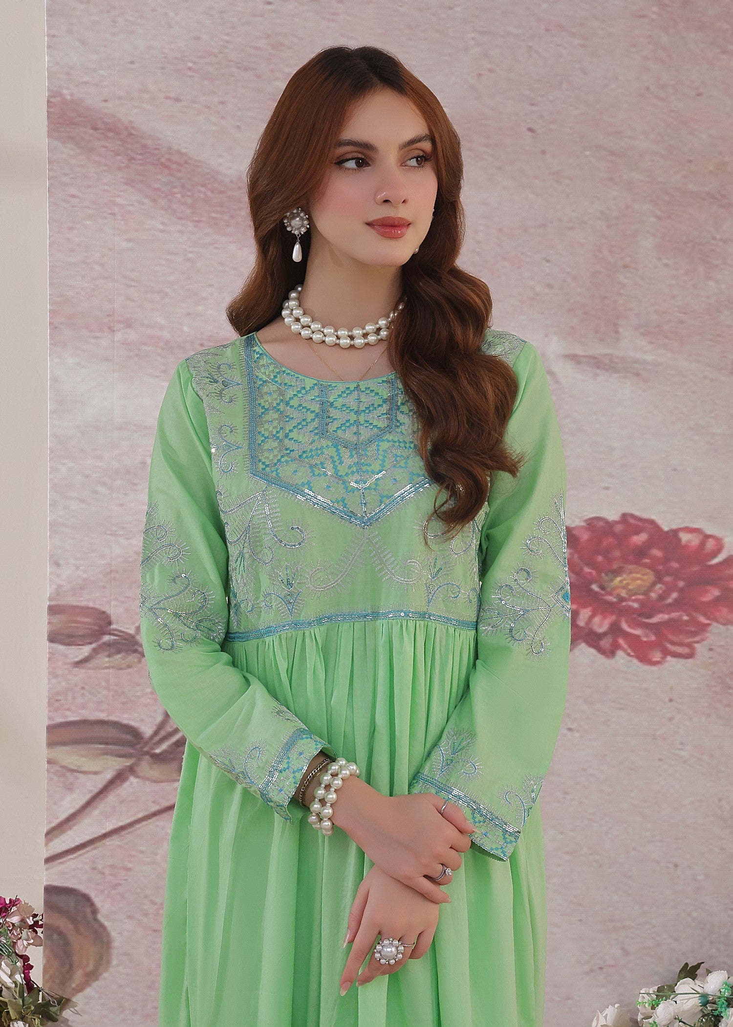 Pastel Green Lawn Embroidered Kaftan Kurta Online in Dubai DXB UAE Abudhabi Meena Bazaar