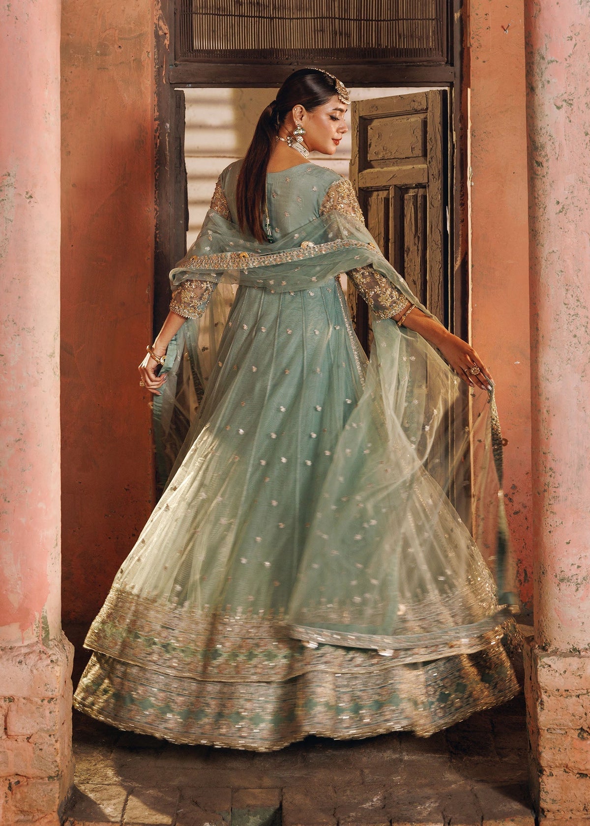 Pastel Green Net Embroidered Maxi Dress Online in KSA Riyadh Saudi Arabia Oman Bahrain Qatar