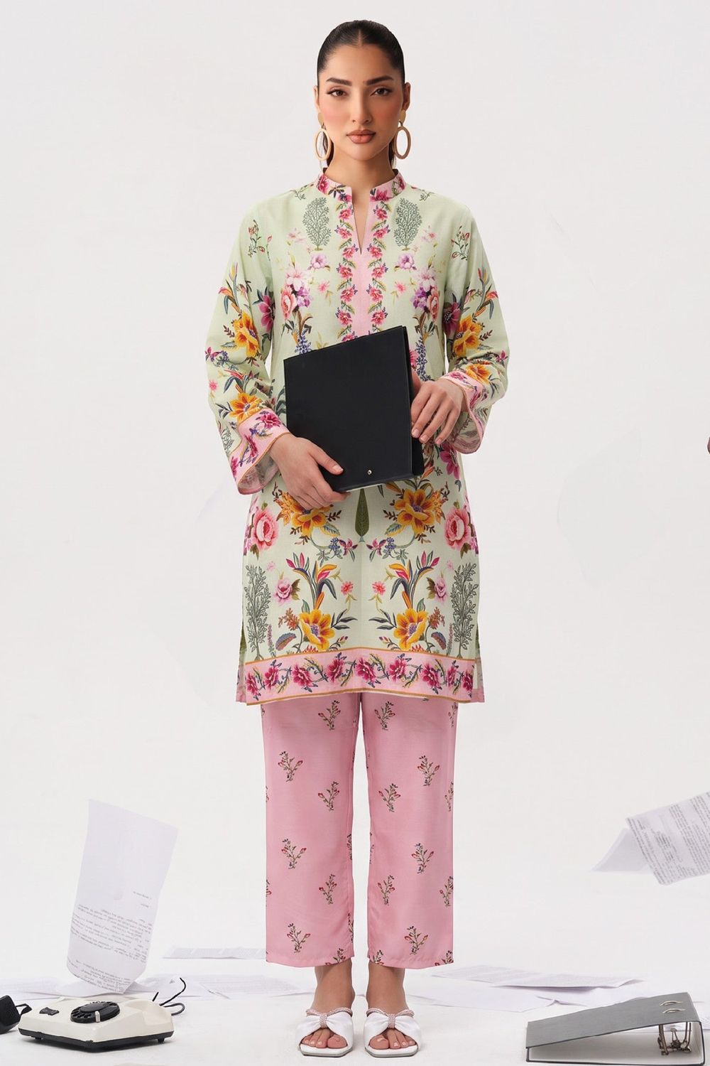 Pastel Green Printed Slub Lawn Kurta Set Online in Dubai UAE Abudhabi Ajman Sharjah
