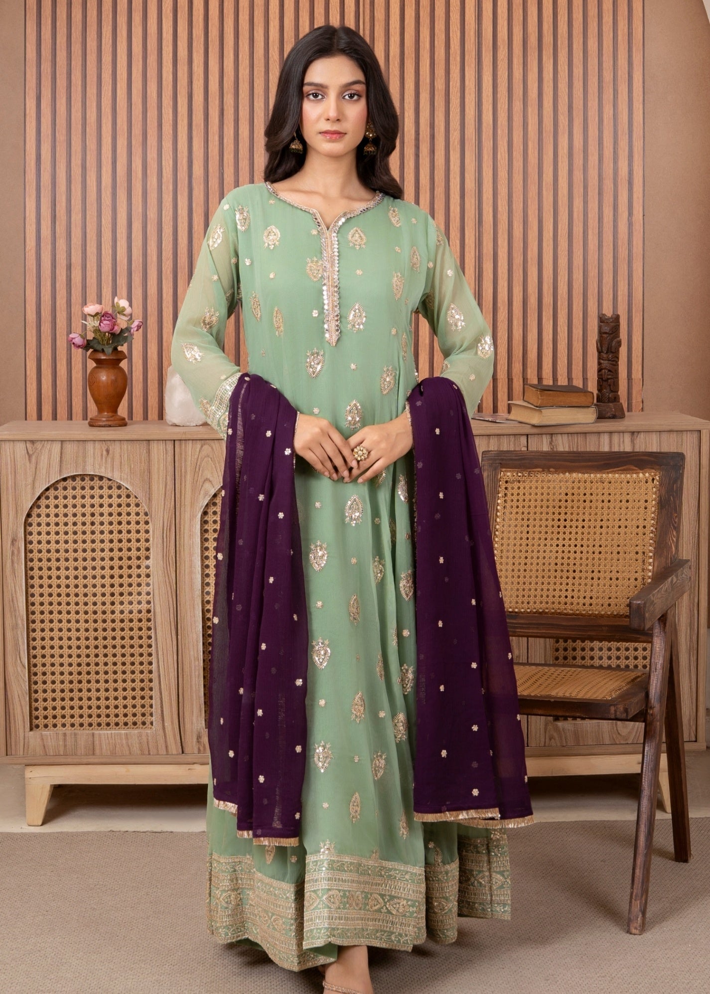Pastel Green Sequin Work Chiffon Pishwas Online in Dubai DXB UAE Abudhabi Meena Bazaar