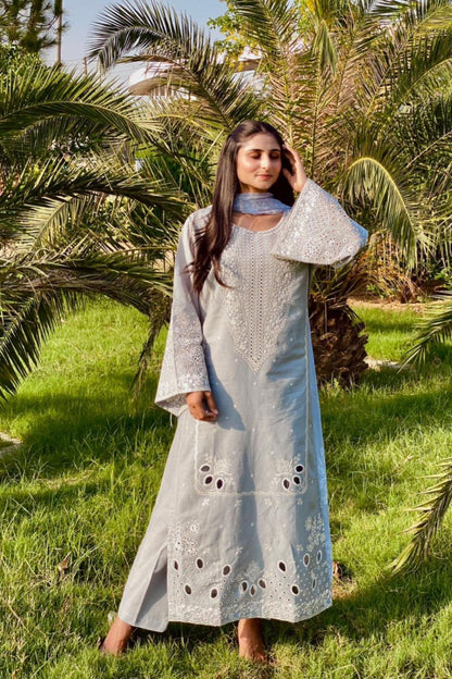 Pastel Grey Embroidered Lawn Kurta Set Online in Dubai UAE Abudhabi Ajman Sharjah