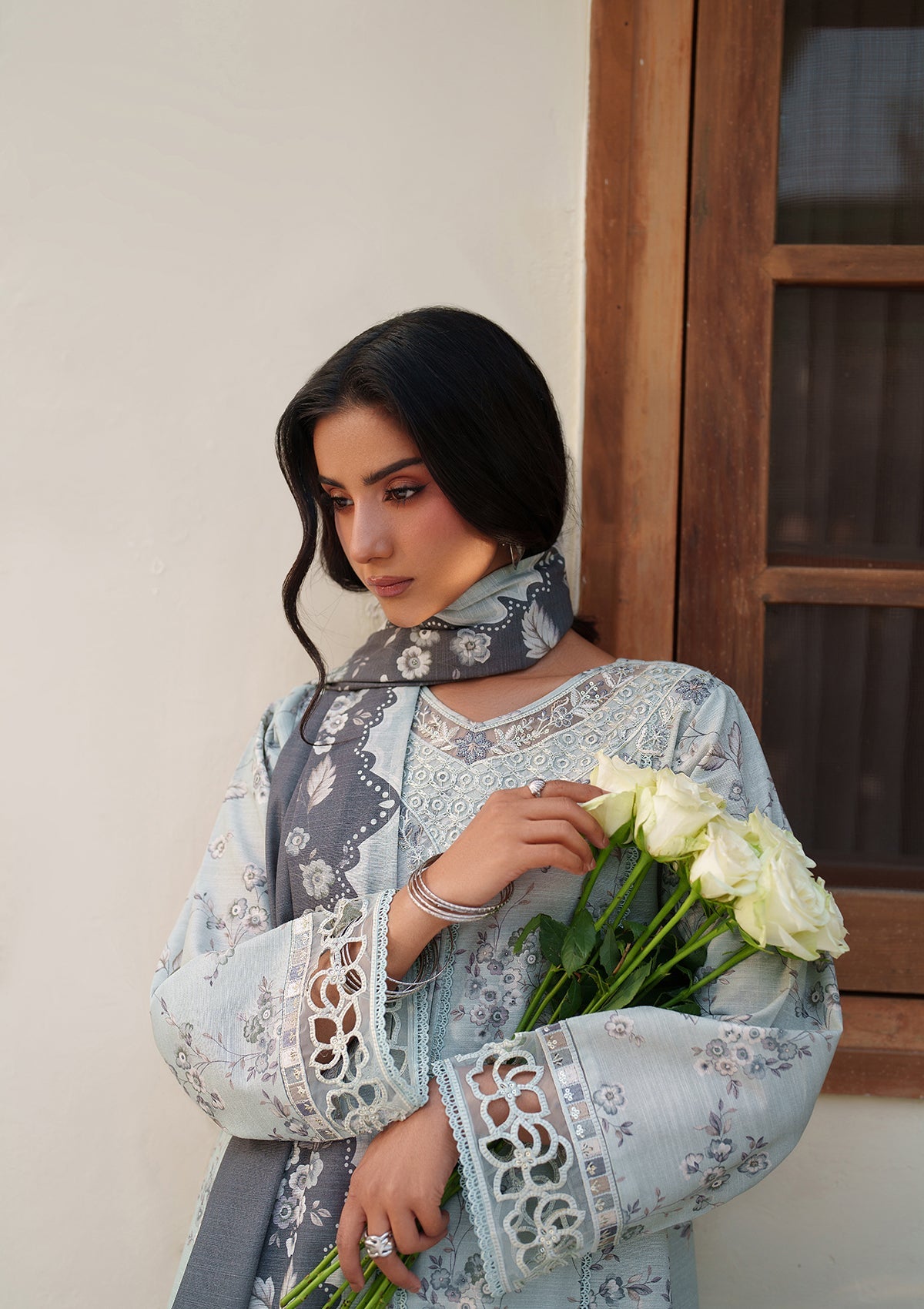 Pastel Grey Embroidered Lawn Shalwar Kameez Online in Sri Lanka India Australia