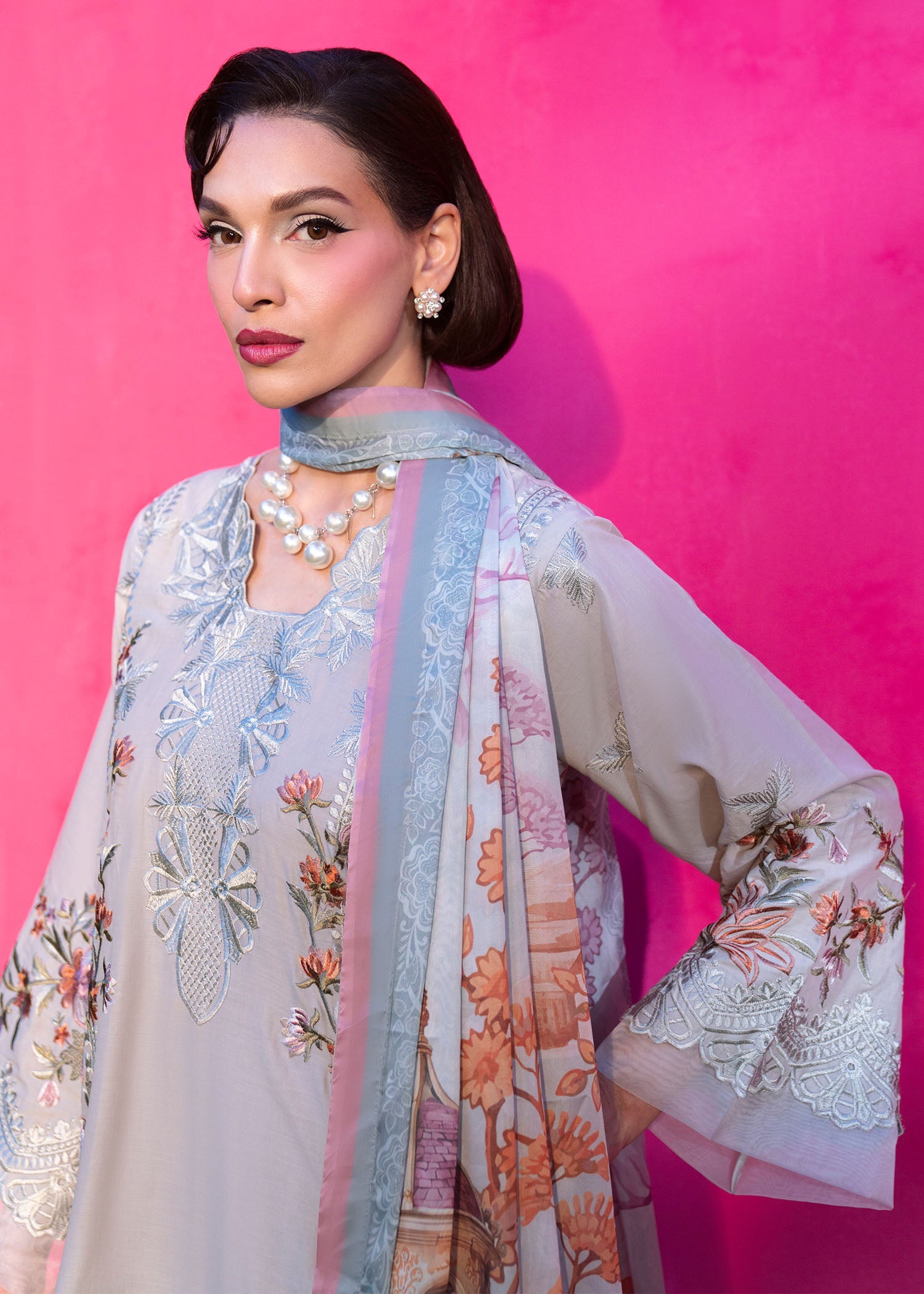 Pastel Grey Embroidered Lawn Summer Wear Suit Online in Sri Lanka India Australia