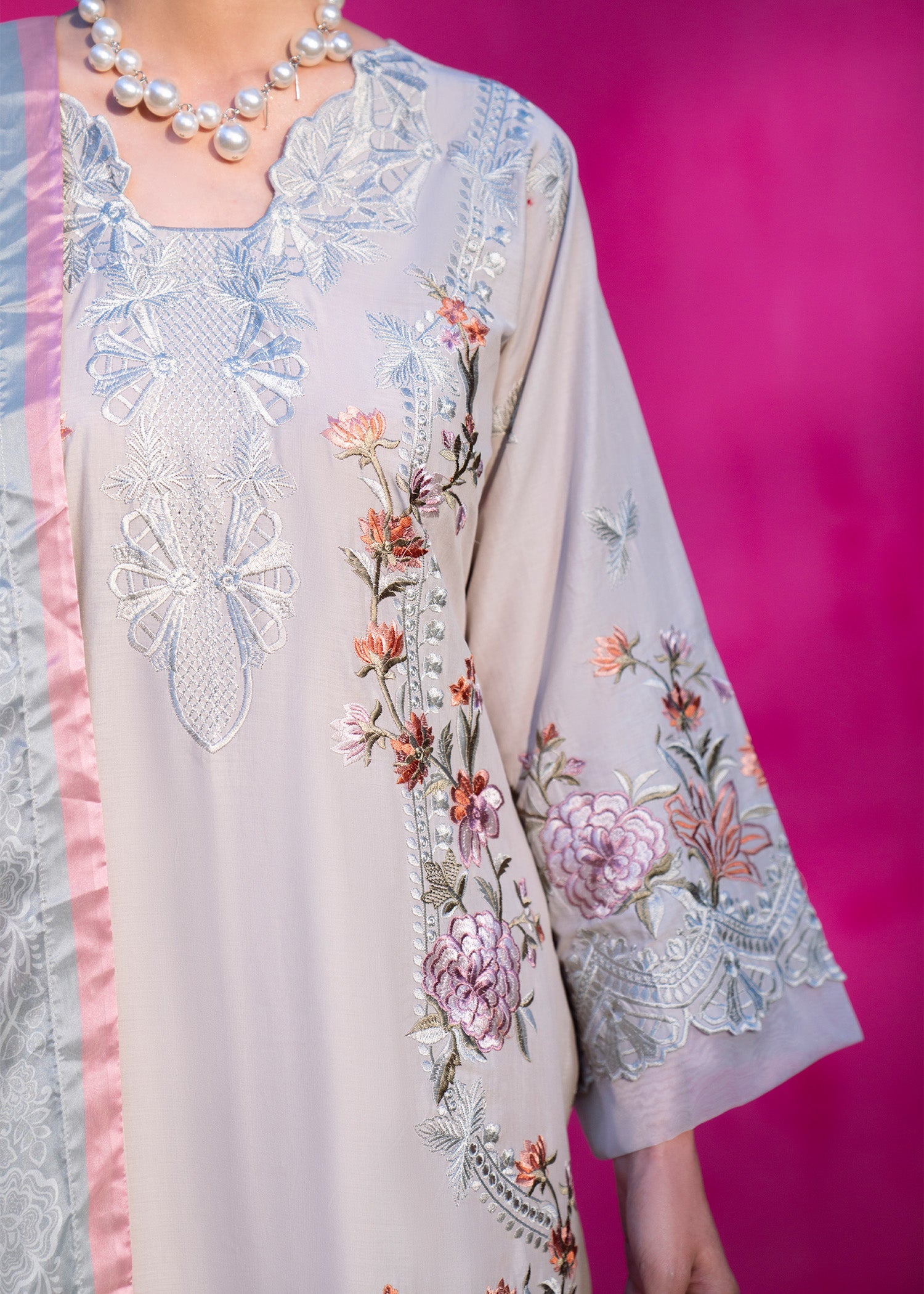 Pastel Grey Embroidered Lawn Three Piece Suit Online in Dubai DXB UAE Abudhabi Meena Bazaar
