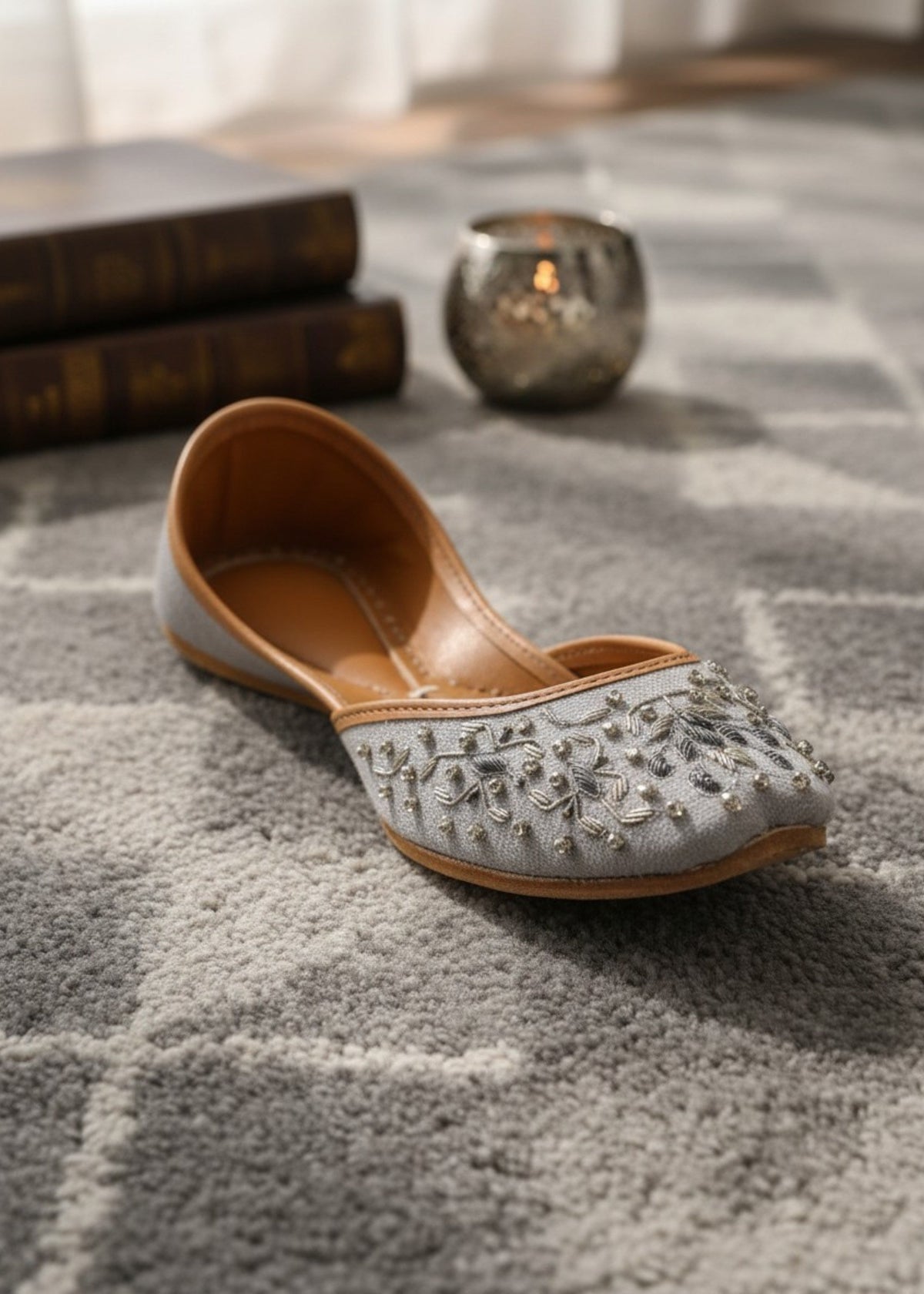 Pastel Grey Leather Embroidered Khussa Online in UK USA Canada