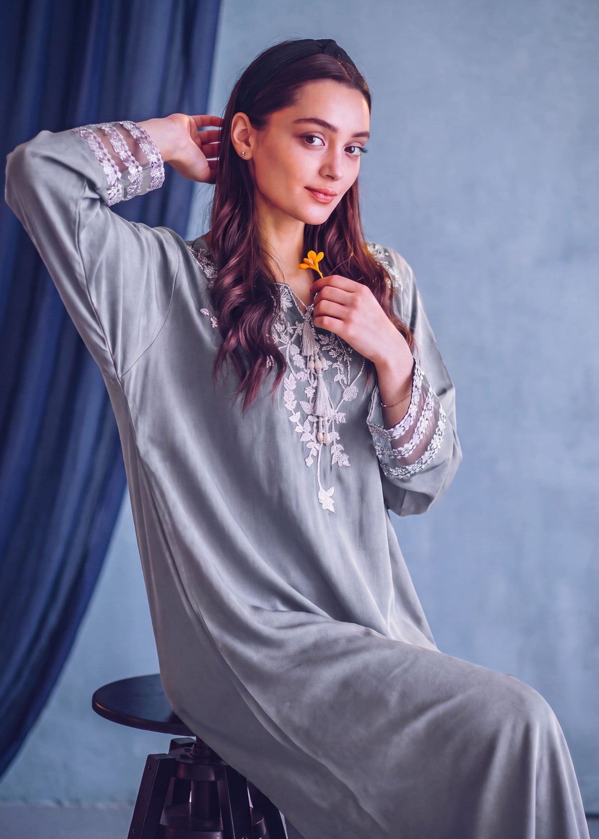 Pastel Grey Linen Kaftan Online in Dubai UAE Abudhabi Ajman Sharjah