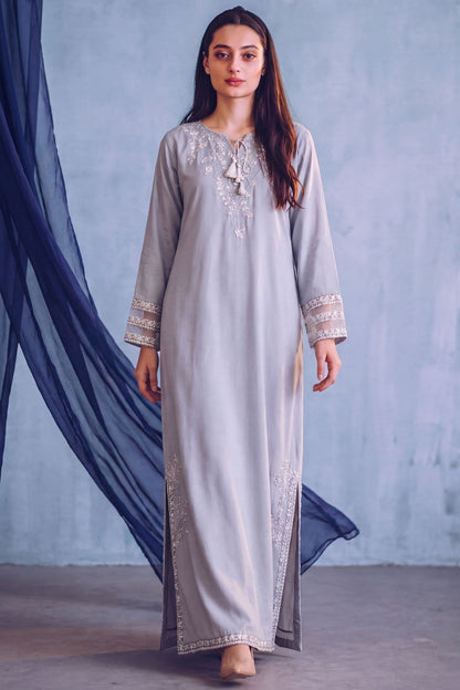 Pastel Grey Patchwork Linen Kaftan Online in Dubai UAE Abudhabi Ajman Sharjah