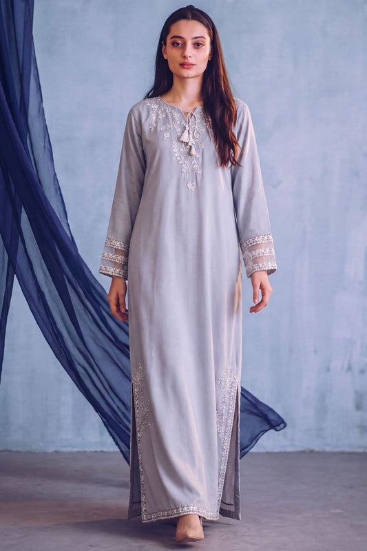 Pastel Grey Patchwork Linen Kaftan Online in Dubai UAE Abudhabi Ajman Sharjah