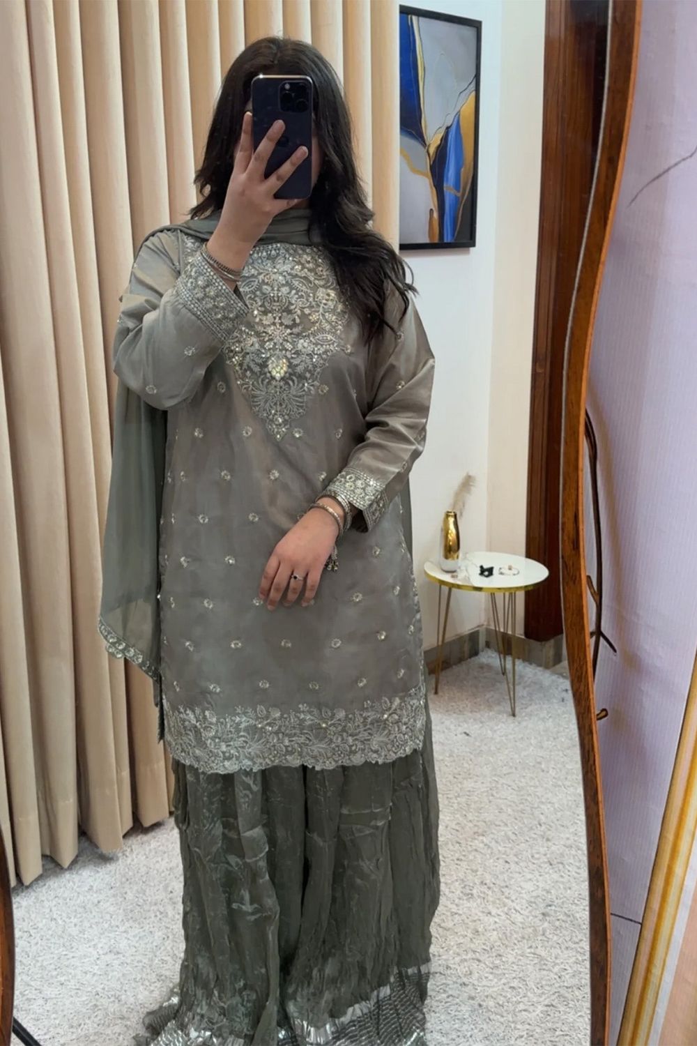 Pastel Grey Raw Silk Sharara Gharara Online in Dubai UAE Abudhabi Ajman Sharjah