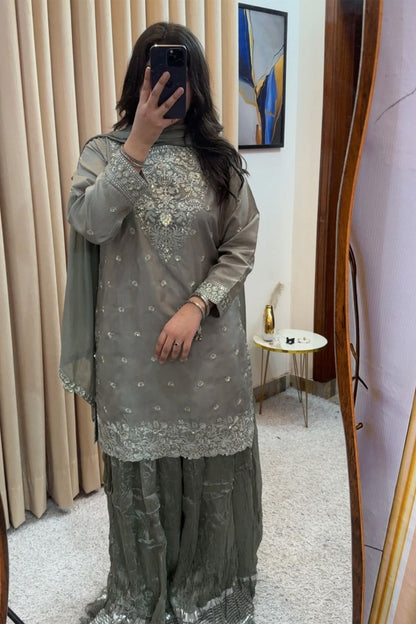Pastel Grey Raw Silk Sharara Gharara Online in Dubai UAE Abudhabi Ajman Sharjah
