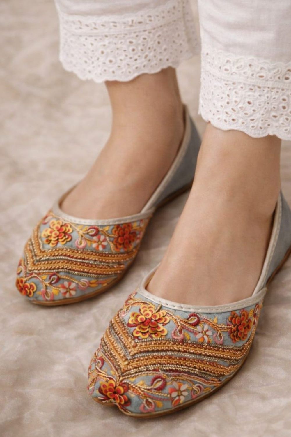 Pastel Grey Silk Embroidered Khussa Online in Dubai UAE Abudhabi Ajman Sharjah