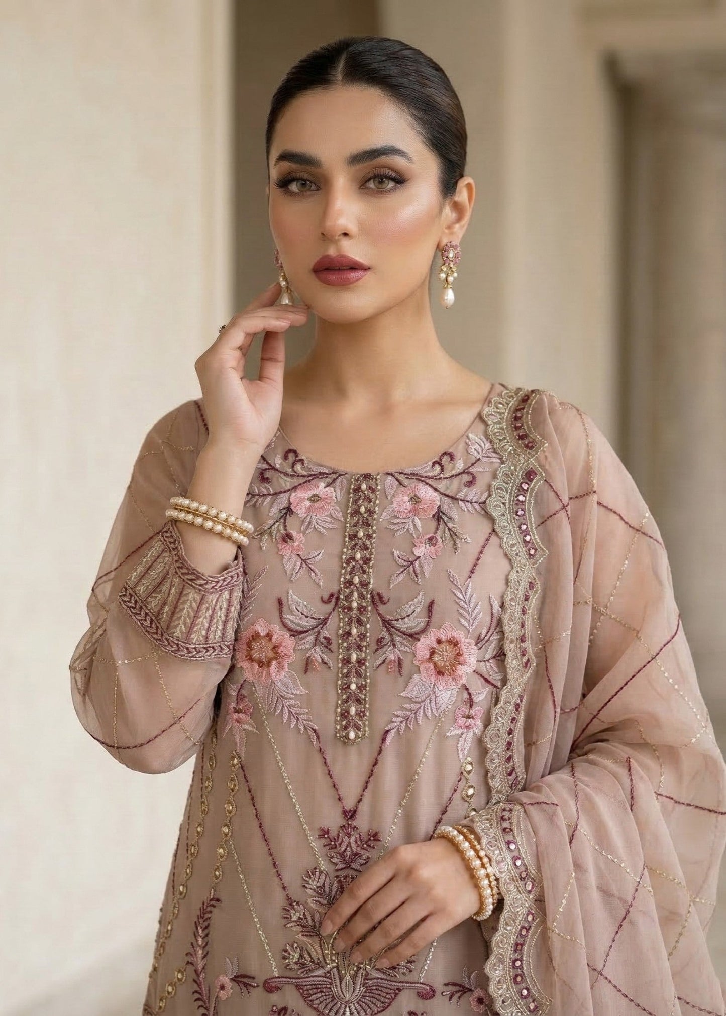Pastel Pink 3 Piece Embroidered Suit Online in Dubai UAE Abudhabi Ajman Sharjah