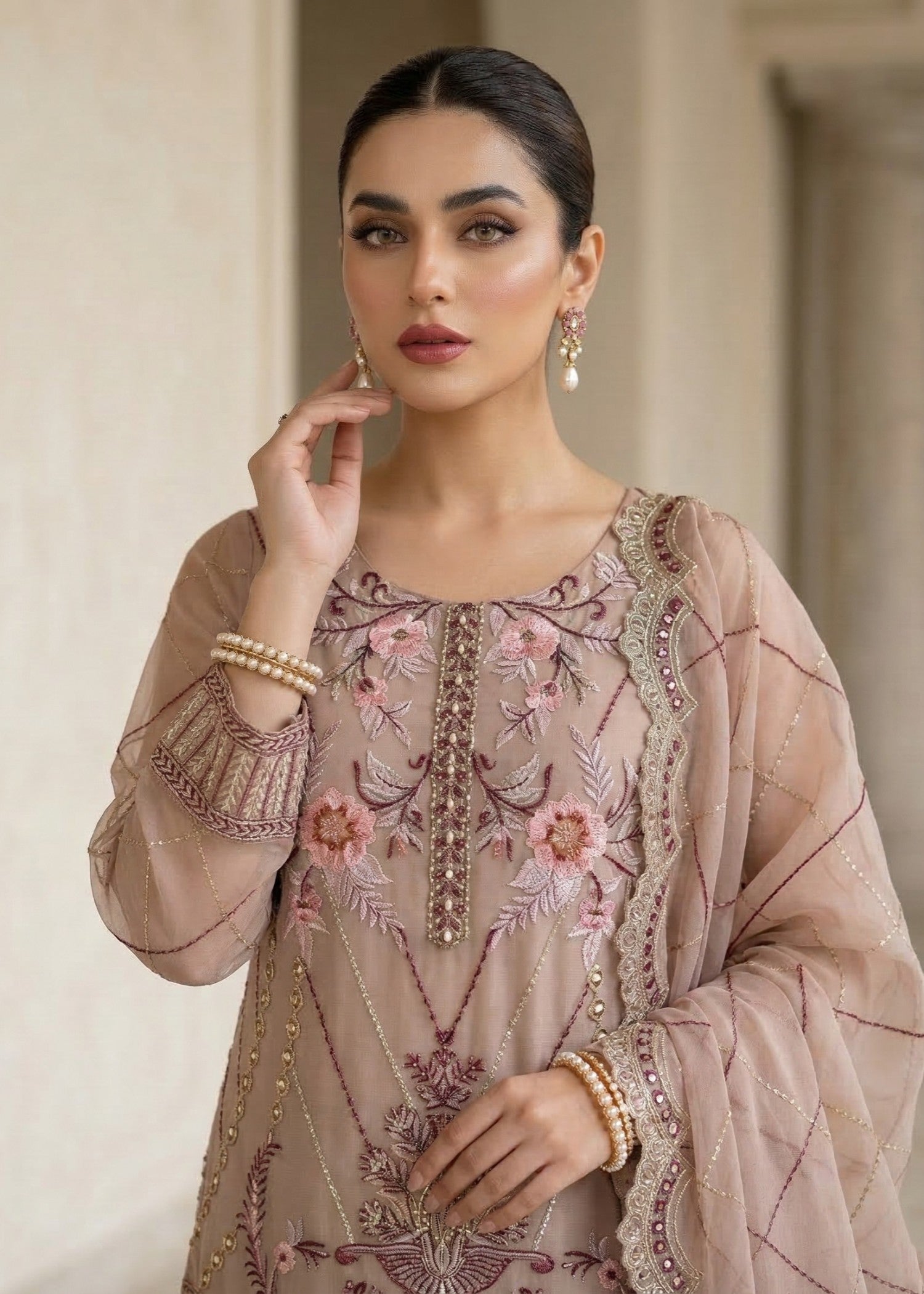 Pastel Pink 3 Piece Embroidered Suit Online in Dubai UAE Abudhabi Ajman Sharjah
