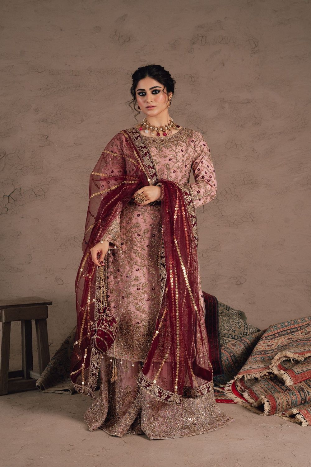 Pastel Pink Chiffon Sharara Suit Online in Dubai UAE Abudhabi Ajman Sharjah