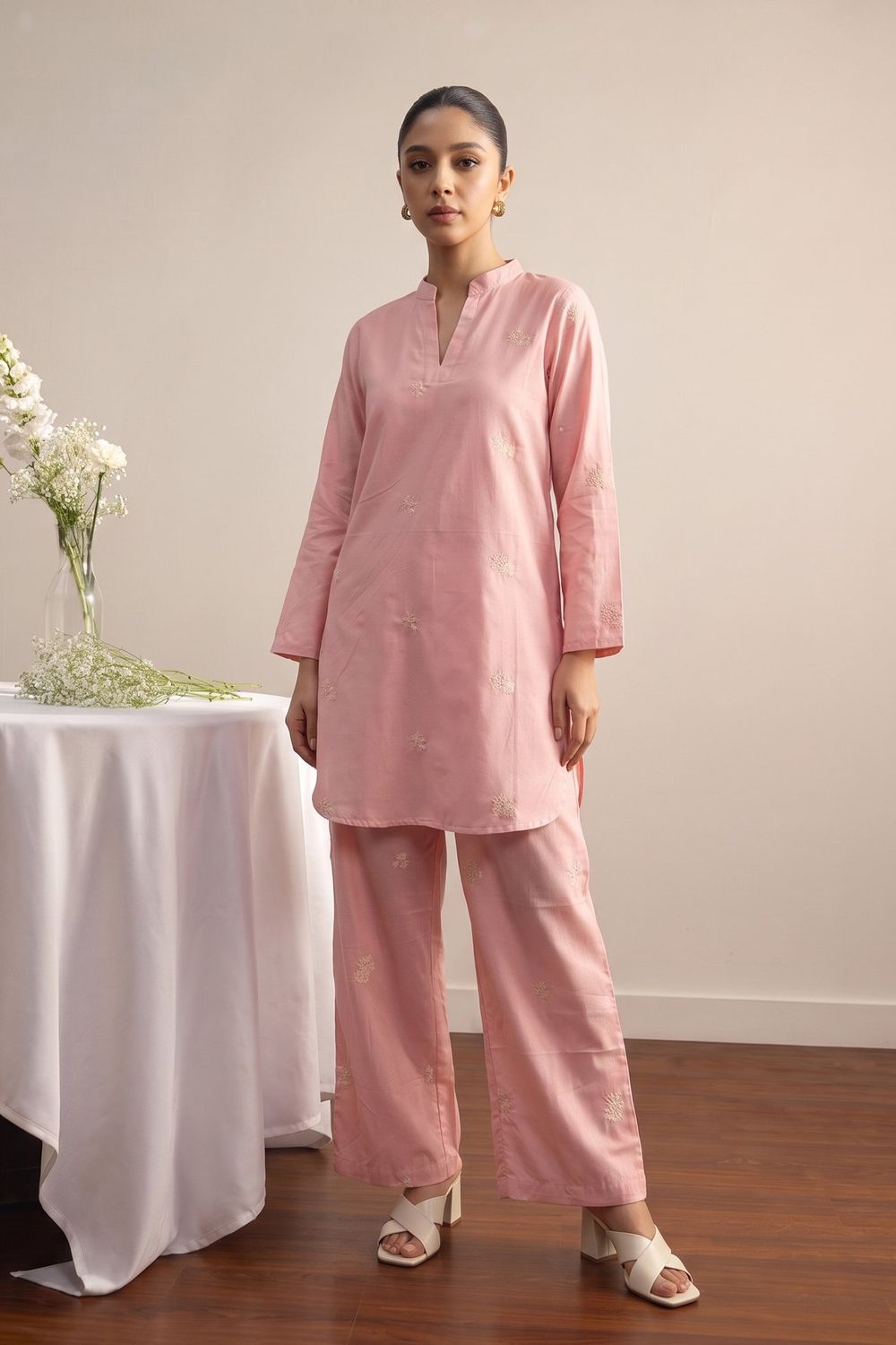 Pastel Pink Embroidered Lawn Pakistani Suit Online in Dubai UAE Abudhabi Ajman Sharjah