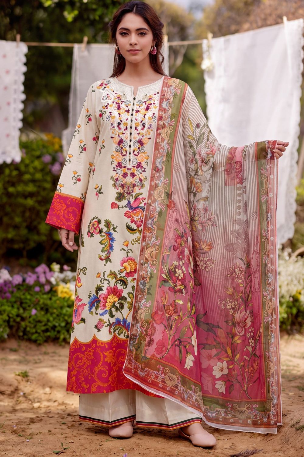 Pastel Pink Embroidered Lawn Salwar Kameez Online in Dubai UAE Abudhabi Ajman Sharjah