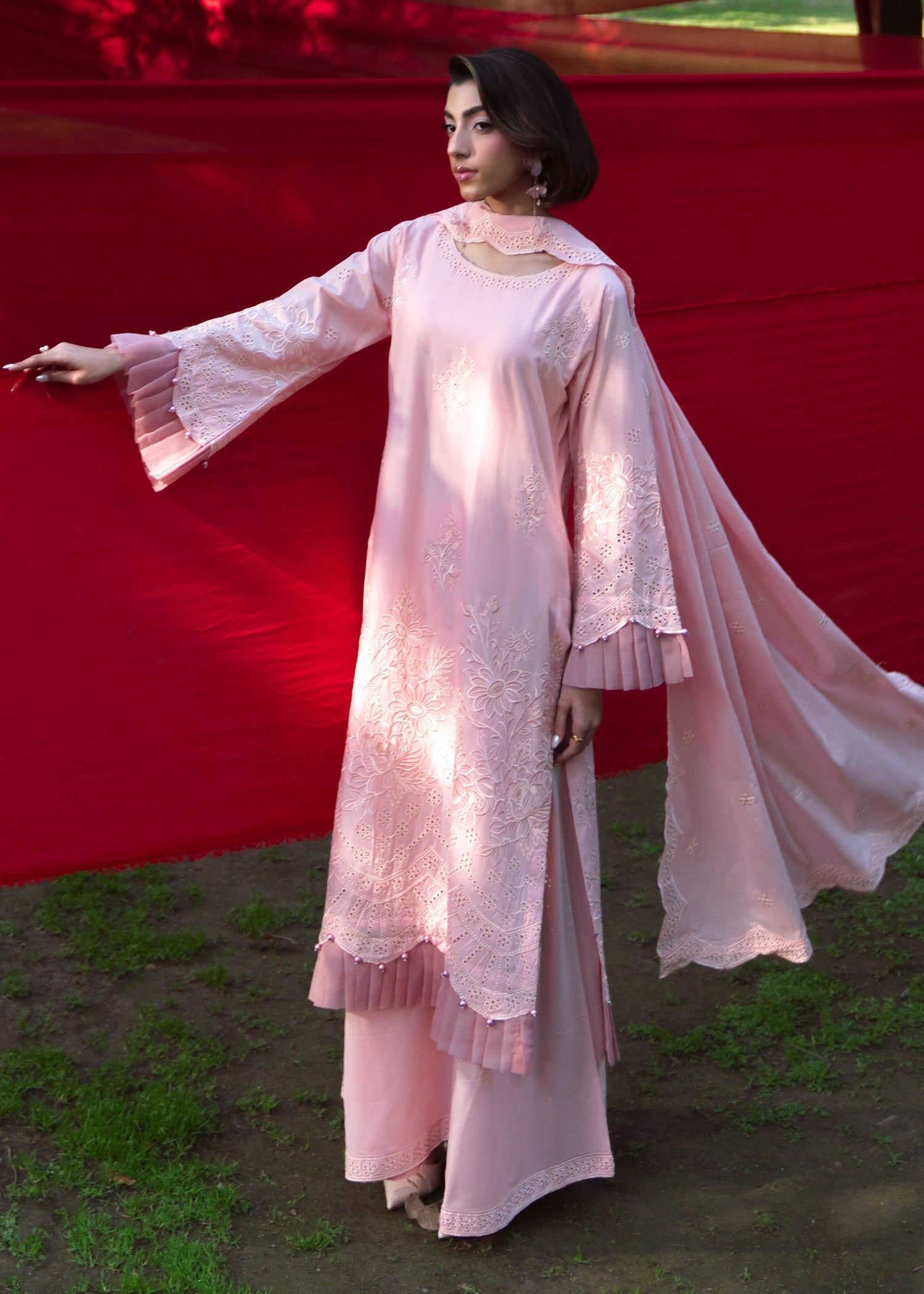 Pastel Pink Embroidered Lawn Three Piece Online in Dubai DXB UAE Abudhabi Meena Bazaar