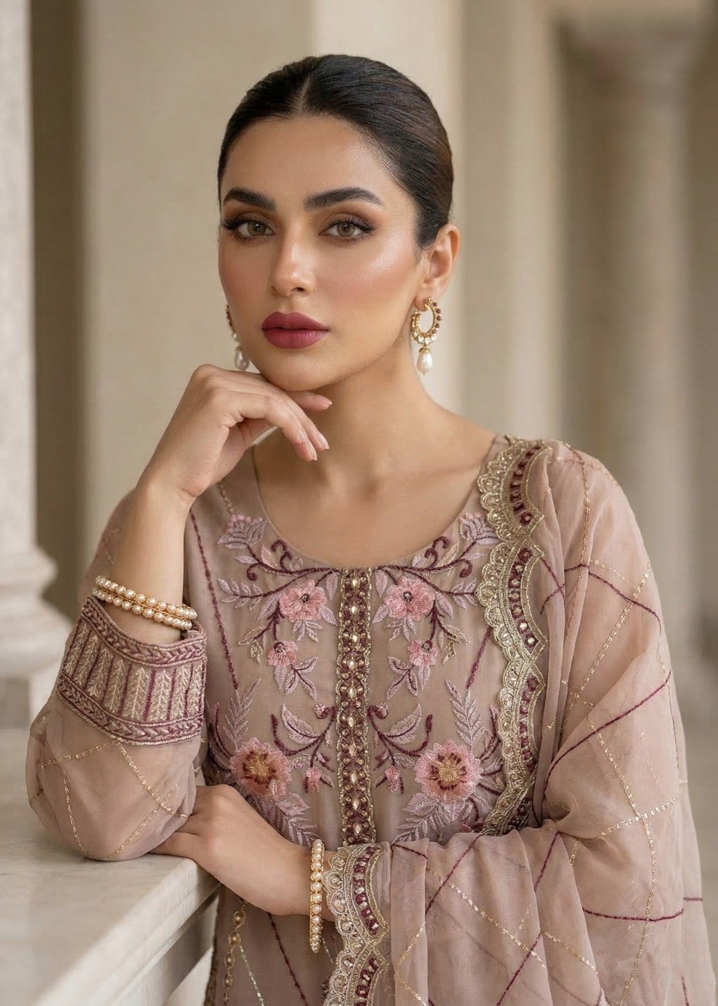Pastel Pink Embroidered Organza 3 Piece Suit Online in Dubai UAE Abudhabi Ajman Sharjah