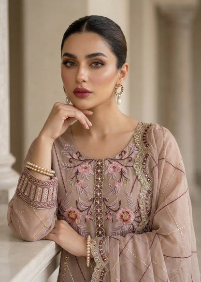 Pastel Pink Embroidered Organza 3 Piece Suit Online in Dubai UAE Abudhabi Ajman Sharjah