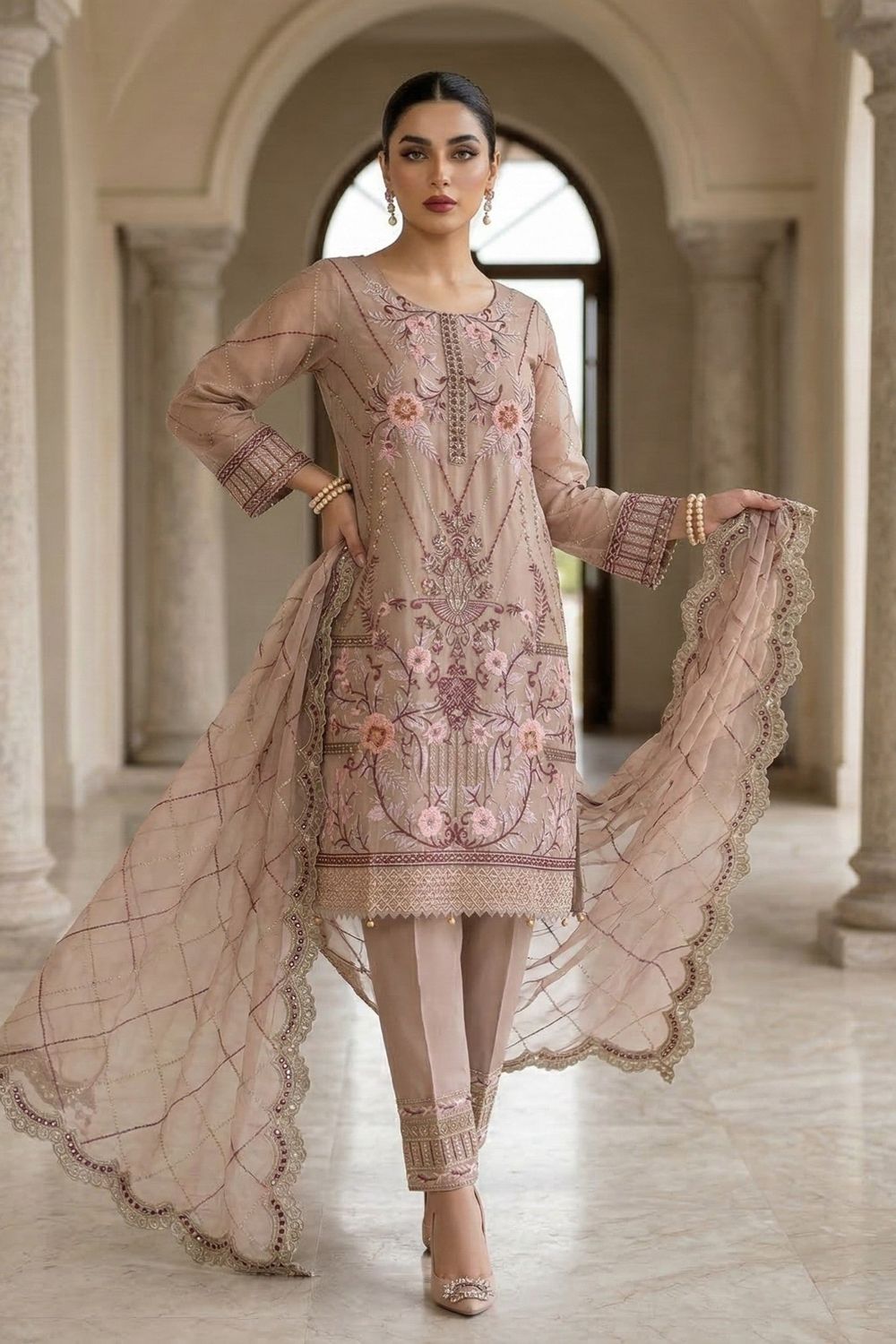 Pastel Pink Embroidered Organza Partywear Suit Online in Dubai UAE Abudhabi Ajman Sharjah