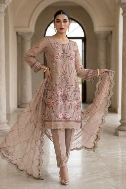 Pastel Pink Embroidered Organza Partywear Suit Online in Dubai UAE Abudhabi Ajman Sharjah