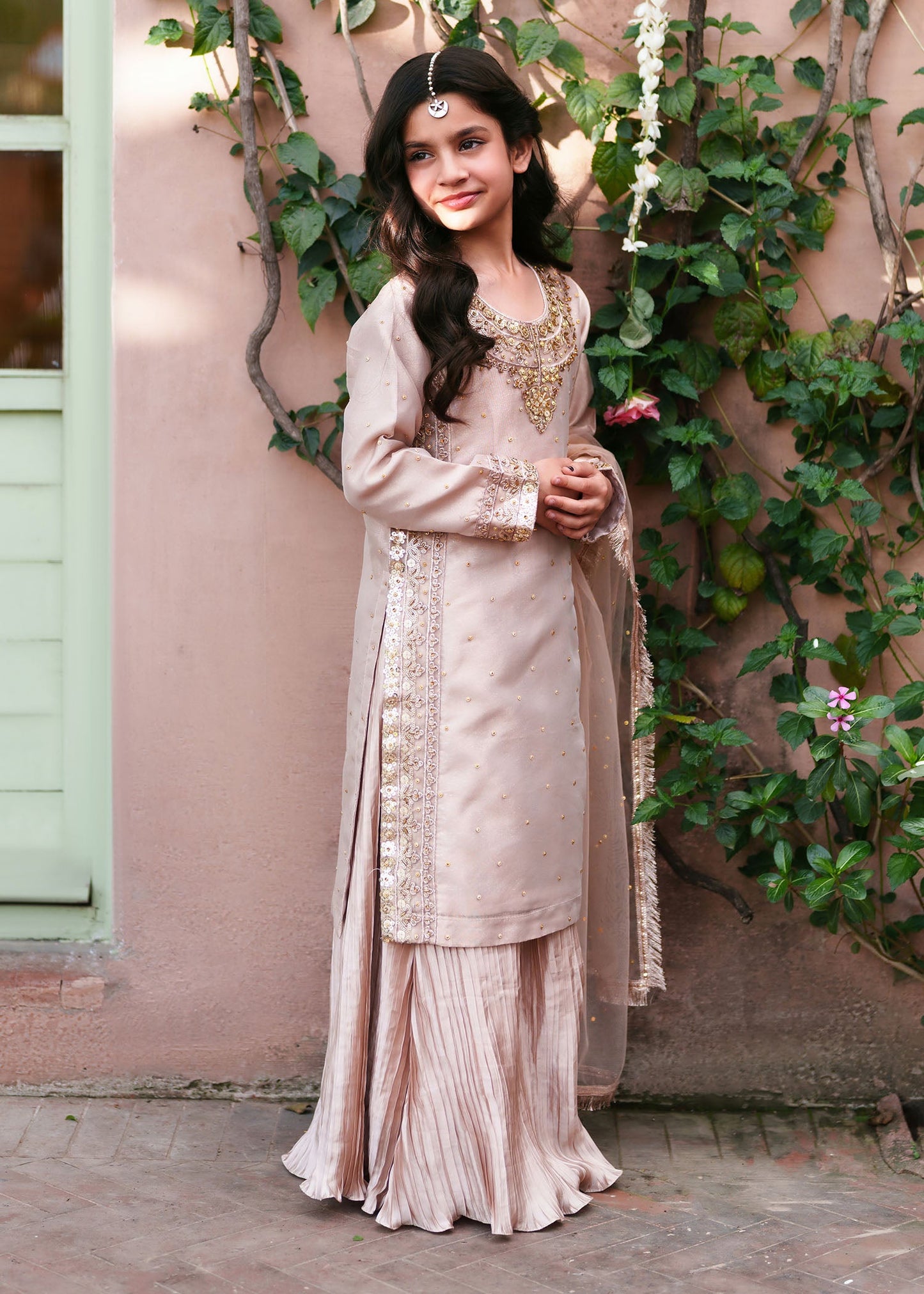 Pastel Pink Gold Detailing Silk Lehenga Online in Dubai DXB UAE Abudhabi Meena Bazaar