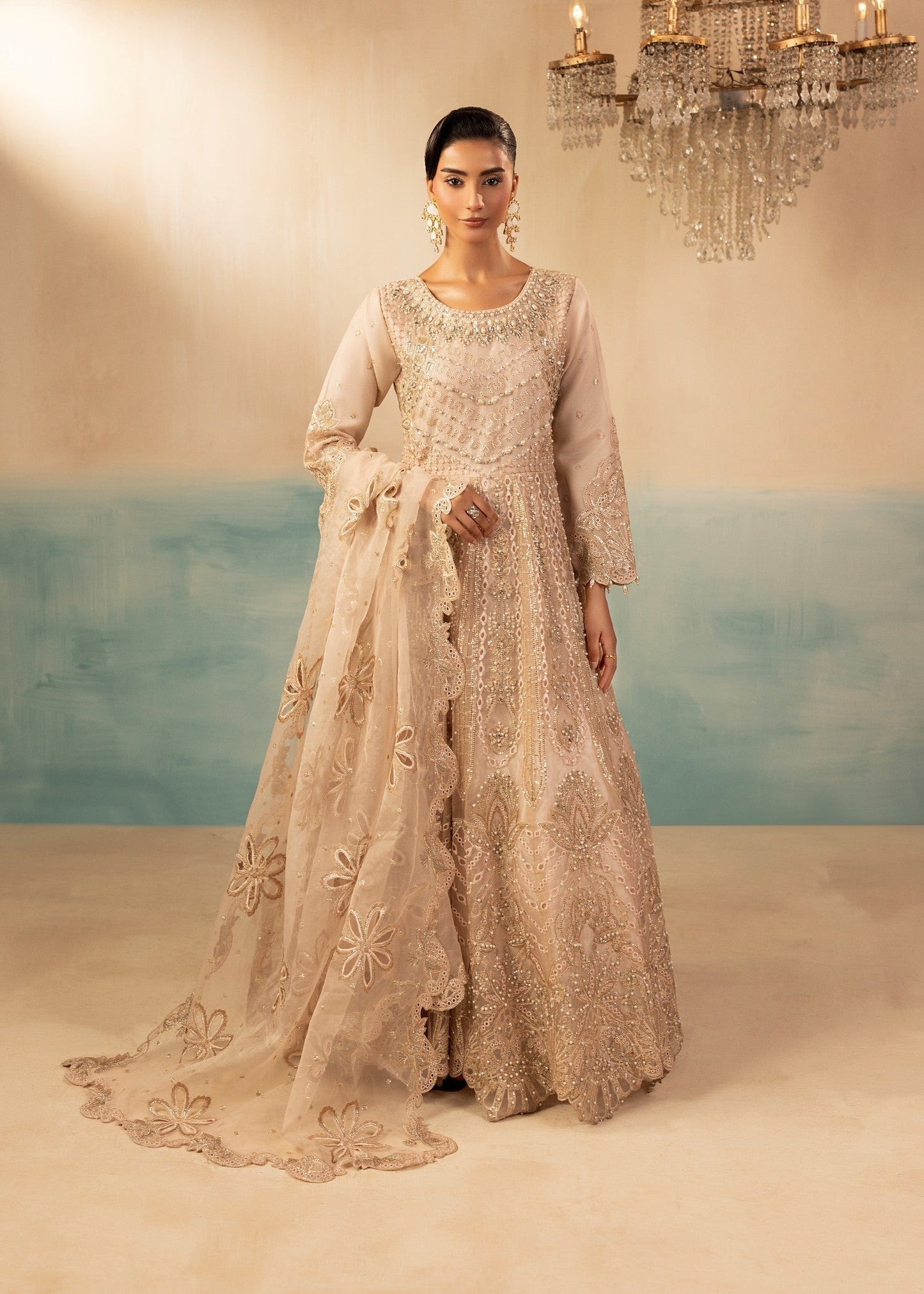 Pastel Pink Hand Embellished Organza Flared Maxi Dress Online in Dubai UAE Abudhabi Ajman Sharjah