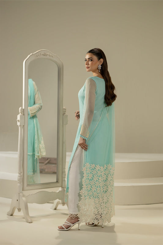 Cyan Pure Organza Suit with Pearl Work