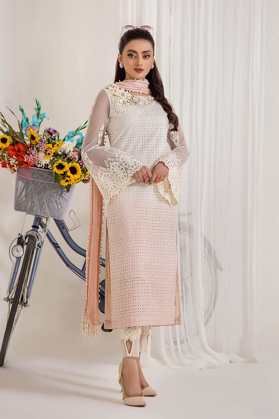 Readymade Pure Cotton Chikan Suit with 3D Work